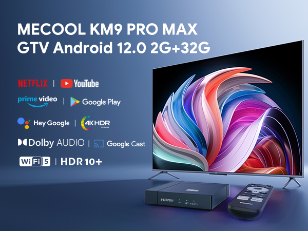 TV Box Android 12.0 MECOOL KM9 Pro MAX – 2GB/32GB, Netflix, Google TV, 4K HDR, WiFi 5GHz, Bluetooth 5.0, Control Por Voz (Negro)